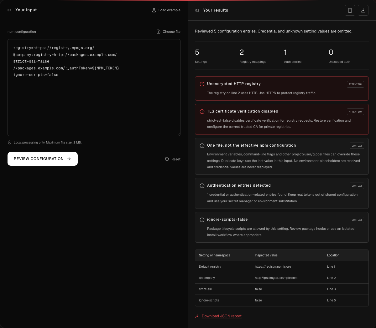 BreachLine npm configuration review highlighting the synthetic HTTP registry and disabled TLS verification settings